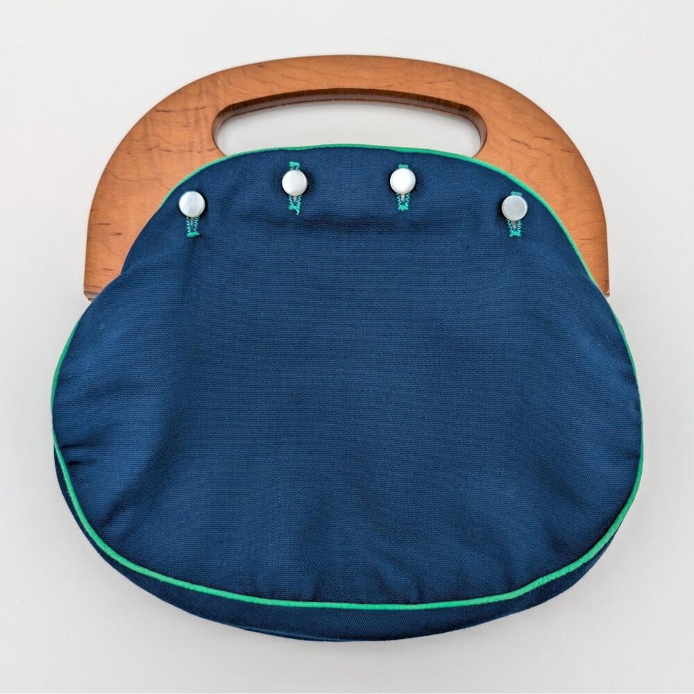 Vintage 1980s Jeanne Bouchever Bermuda Bag Purse Blue Green Hinged Wood Handles